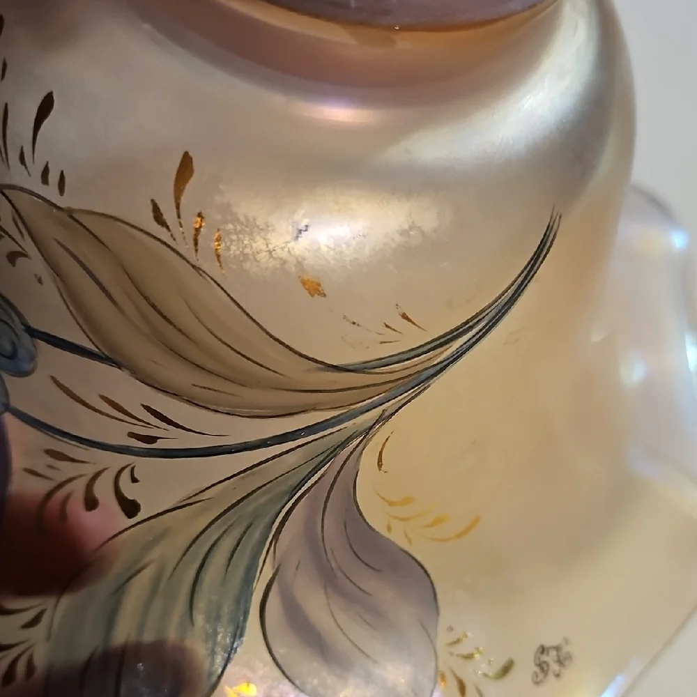 Signed Handcrafted/painted Lustrous Irridescant Glass Lamp Shade